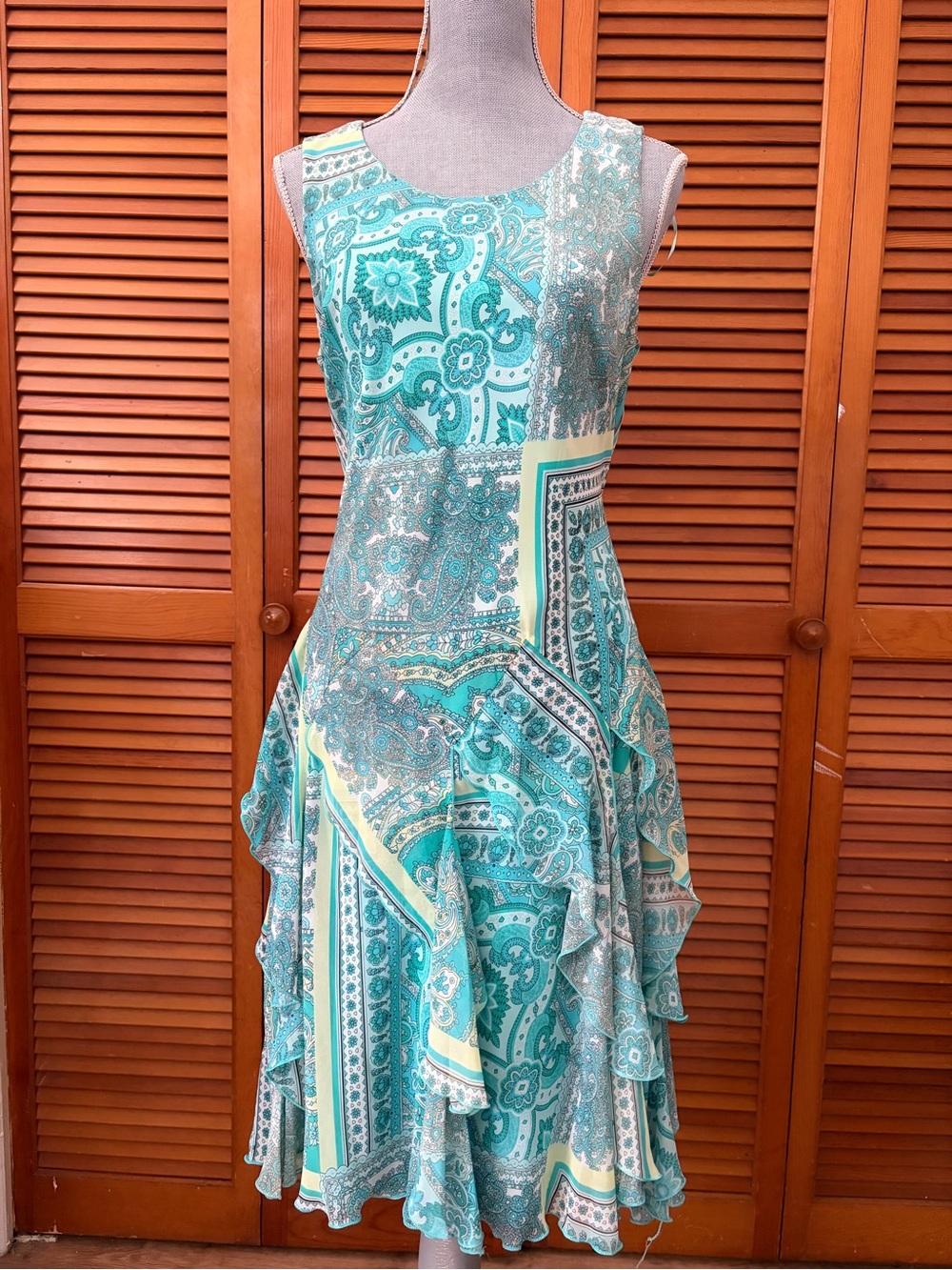 Y2K Patchwork Sleeveless Teal Paisley Fairy Mermaid Summer Ruffle Midi Dress